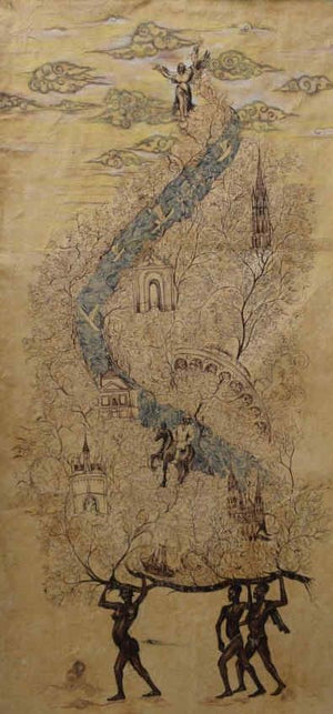 The Forgotten River (The Path of Enlightenment) by Sunil Lohar, Original Watercolor Figurative Painting on Rice Paper, Large Vertical Wall Art