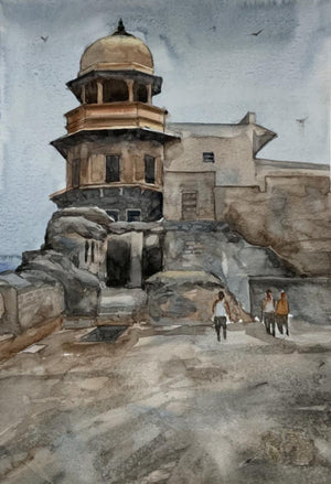 The Fort (Ancient Echoes) by Prasad Thite, Original Watercolor Cityscape Painting on Handmade Paper, X-Small Vertical Wall Art