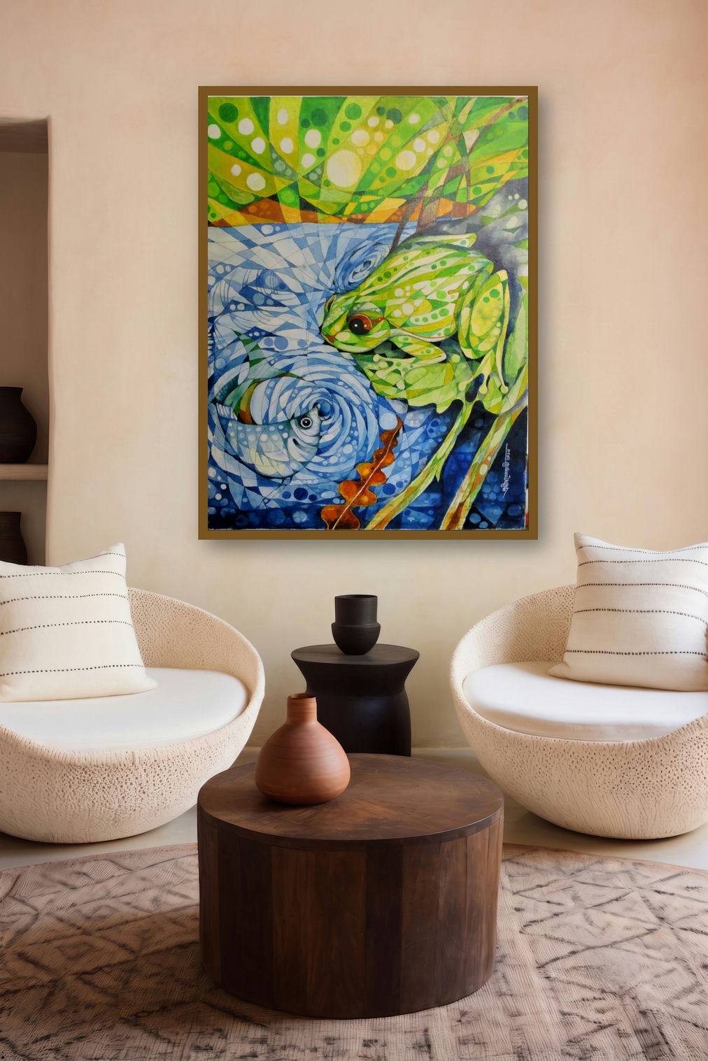 The Frog (Verdant Vigil: A Frogs Gaze) by artist Pradip Goswami displayed in a Boutique gallery