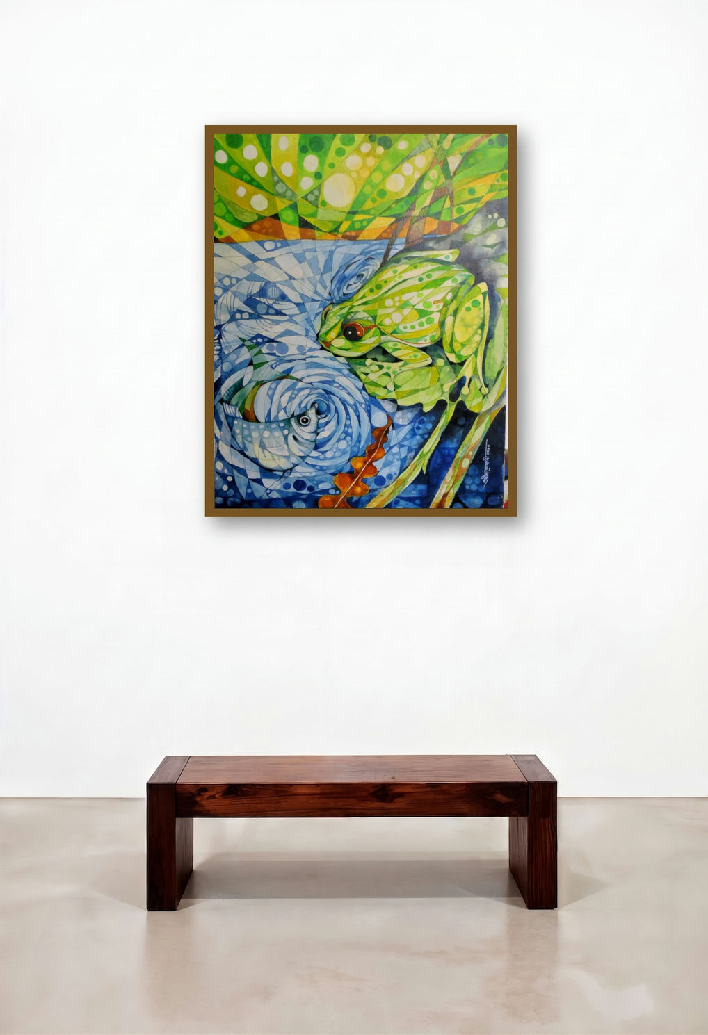 The Frog (Verdant Vigil: A Frogs Gaze) by artist Pradip Goswami displayed in a Traditional Lounge