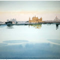 Cityscape watercolor painting titled 'The Golden Temple Amritsar India', 7x11 inches, by artist Arunava Ray on Paper