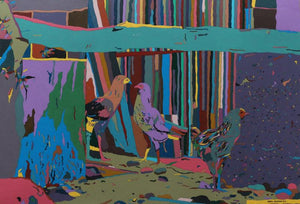The Gossip (Colorful Coop) by Kiran Gunjkar, Original Acrylic Animal Painting on Paper, Medium Horizontal Wall Art