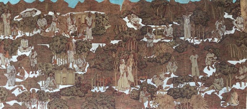 Figurative mixed-media painting titled 'The History Of A Mountain', 60x30 inch, by artist Shaji Appukuttan on Paper