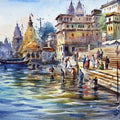Cityscape watercolor painting titled 'The Holy Dip At Kashi Banaras', 15x21 inches, by artist Gulshan Achari on Paper