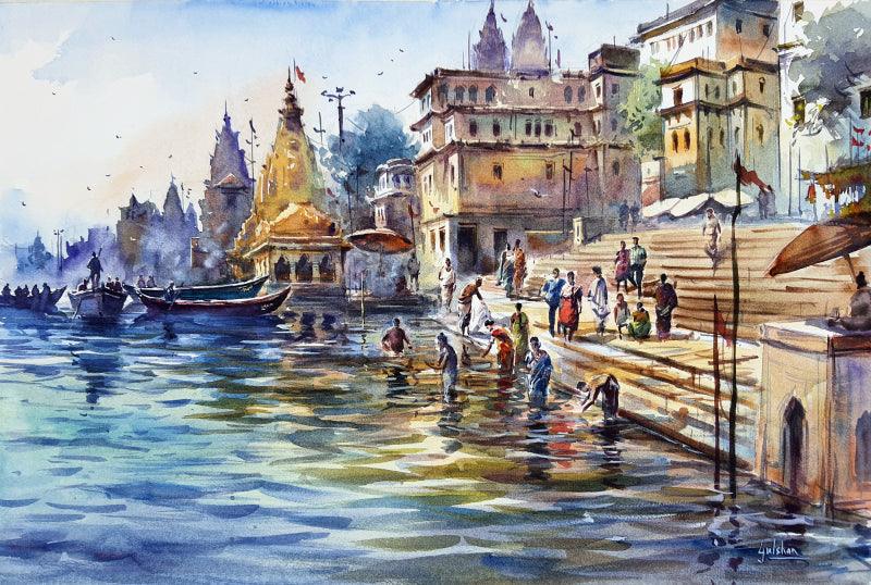 Cityscape watercolor painting titled 'The Holy Dip At Kashi Banaras', 15x21 inches, by artist Gulshan Achari on Paper