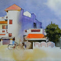 Cityscape watercolor painting titled 'The House With A Orange Cap', 16x20 inches, by artist Bijay Biswaal on Handmade Paper