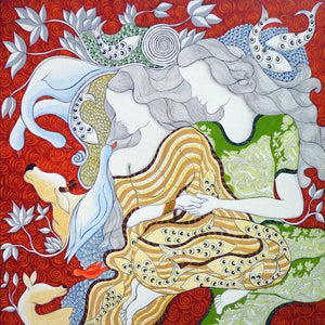 The Lovers (Twin Souls) by Hariom Kuthwaria, Print Acrylic Pen Contemporary Painting on Canvas, X-Small Square Wall Art