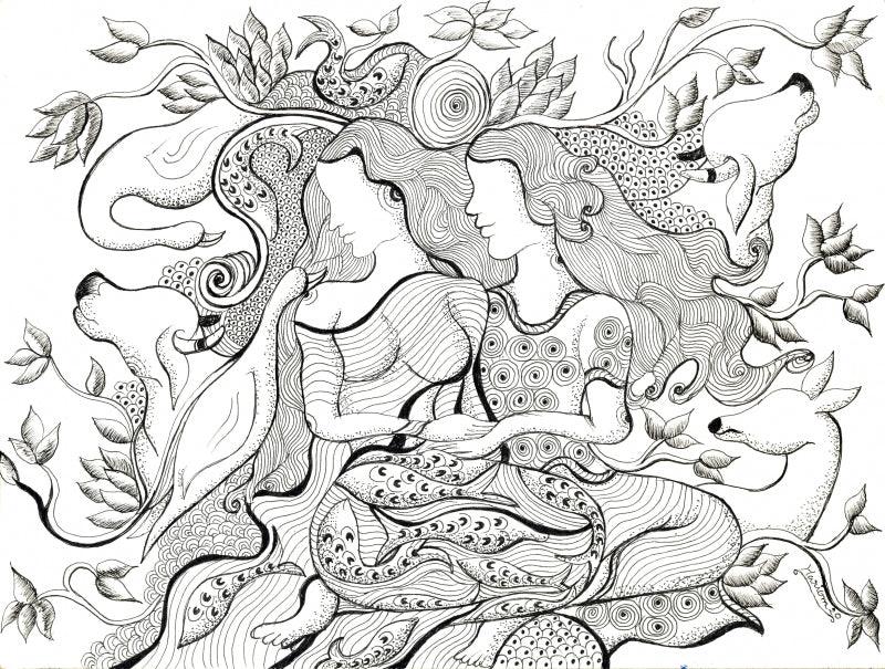 Expressionist pen ink drawing titled 'The Lovers I', 8x11 inches, by artist Hariom Kuthwaria on Paper