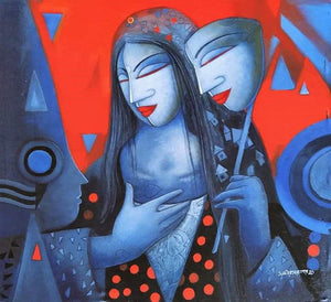 Figurative acrylic painting titled 'The Mask 3', 20x19 inches, by artist Samir Sarkar on Canvas