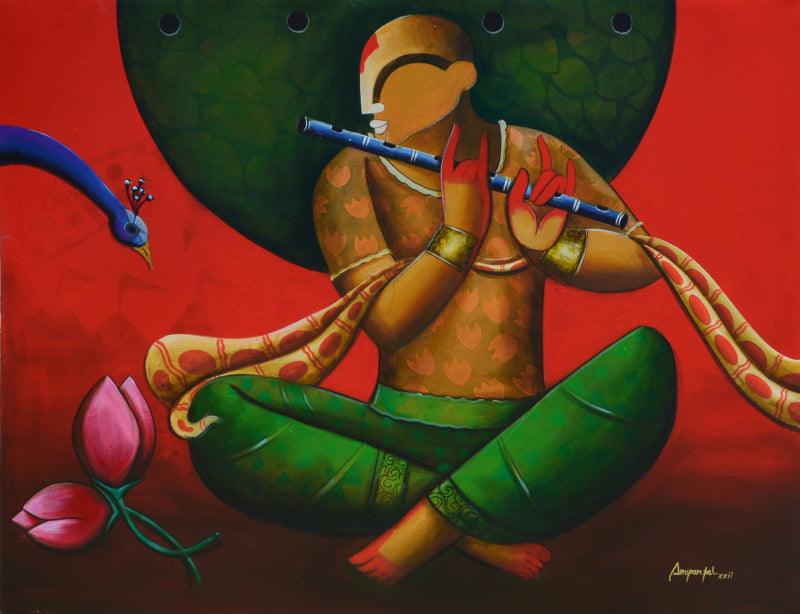 Religious acrylic painting titled 'The Mesmerizing Tunes 18', 47x36 inches, by artist Anupam Pal on canvas