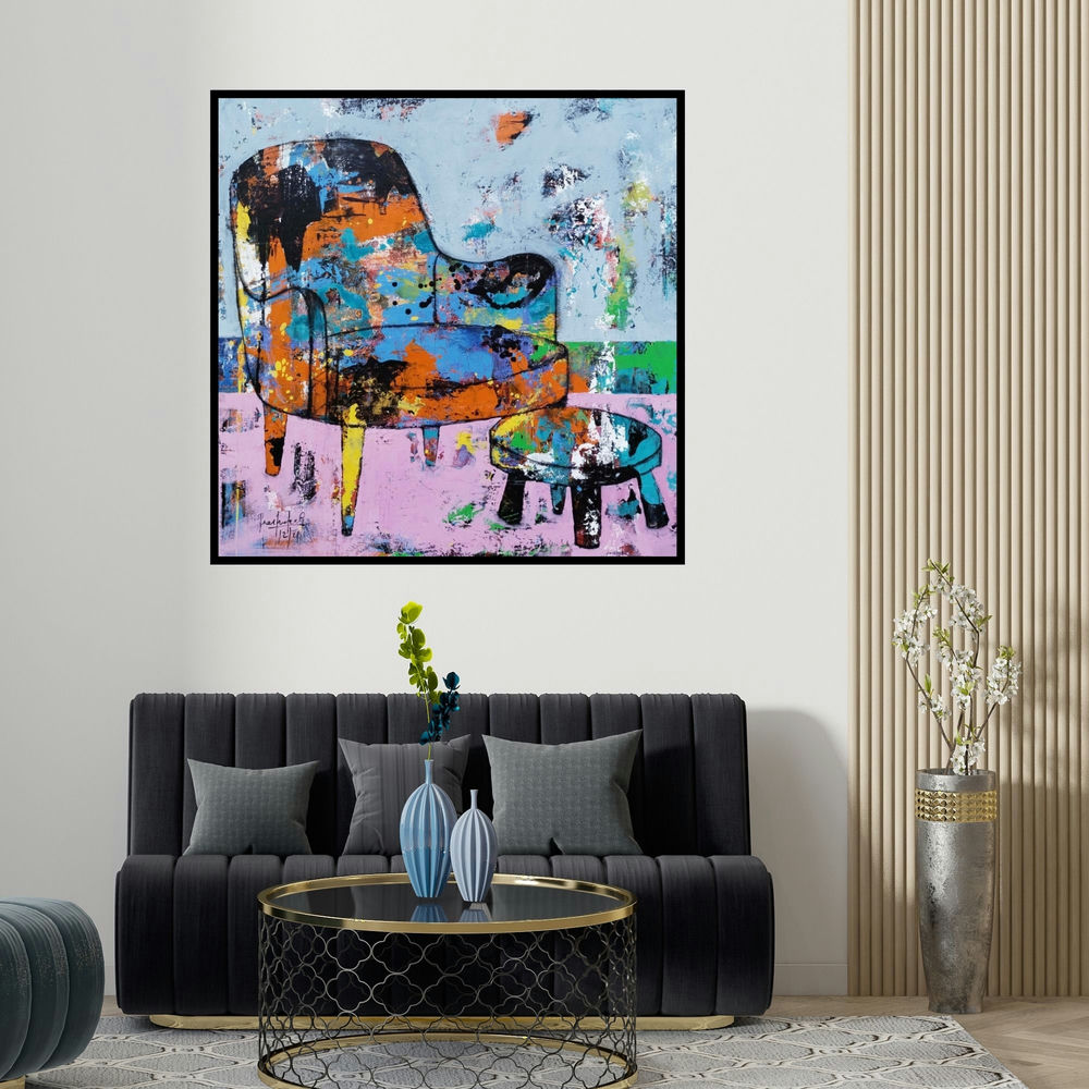 Prashalee Gaikwad's 'The Mighty Chair 1 (The Cozy Corner)' painting visualized above a sofa in a contemporary room.