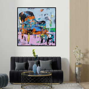 Prashalee Gaikwad's 'The Mighty Chair 1 (The Cozy Corner)' painting visualized above a sofa in a contemporary room.