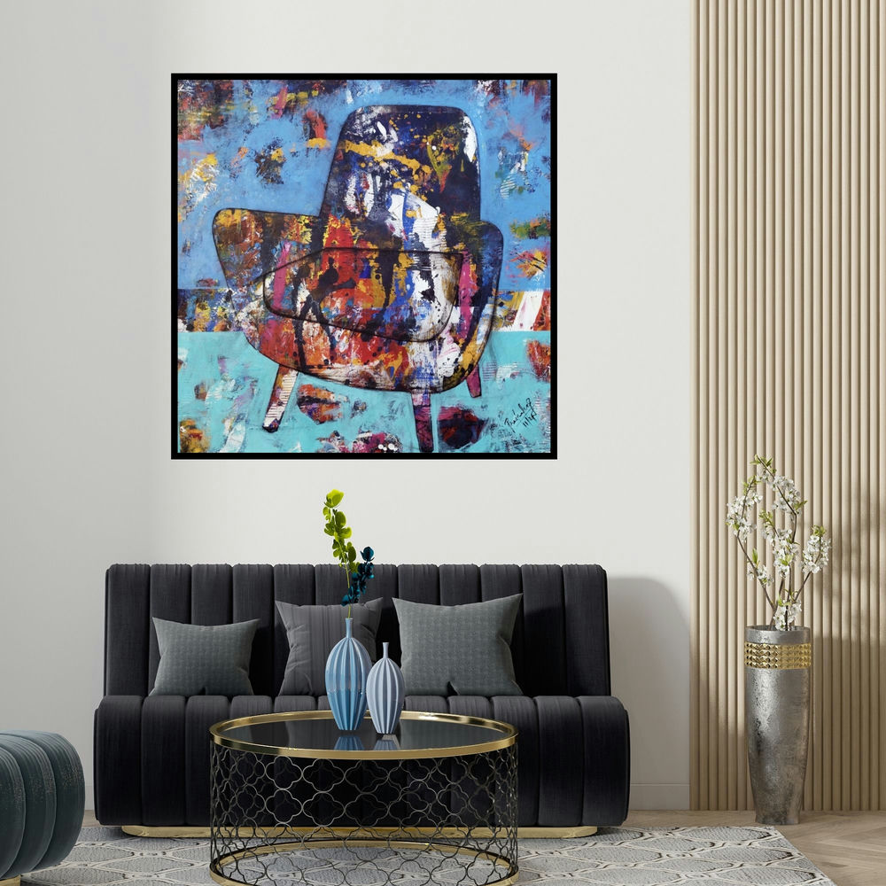 Prashalee Gaikwad's 'The Mighty Chair 2 (The Daydream Chair)' painting visualized above a sofa in a contemporary room.