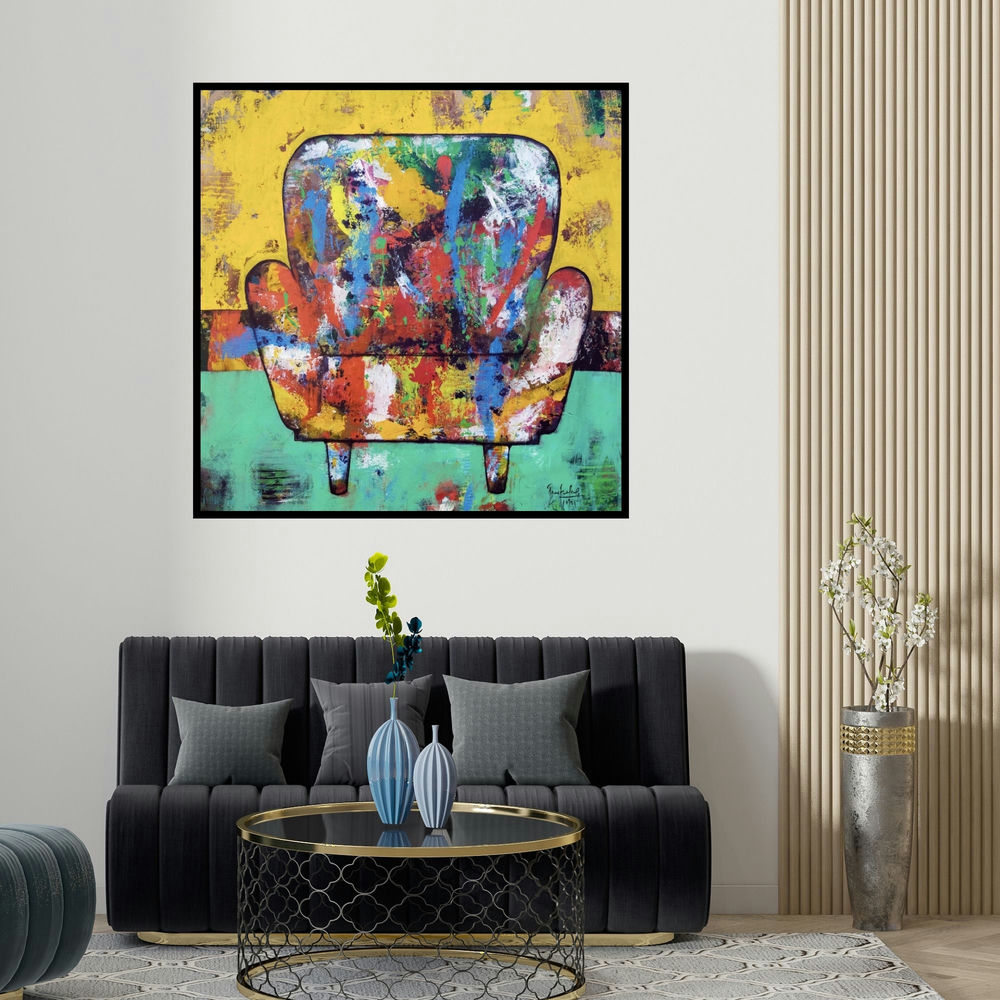 Prashalee Gaikwad's 'The Mighty Chair 3 (The Vibrant Armchair)' painting visualized above a sofa in a contemporary room.