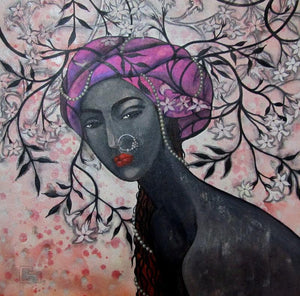 The Mind Weaving Designs by Suruchi Jamkar, Original Acrylic Figurative Painting on Canvas, Small Square Wall Art