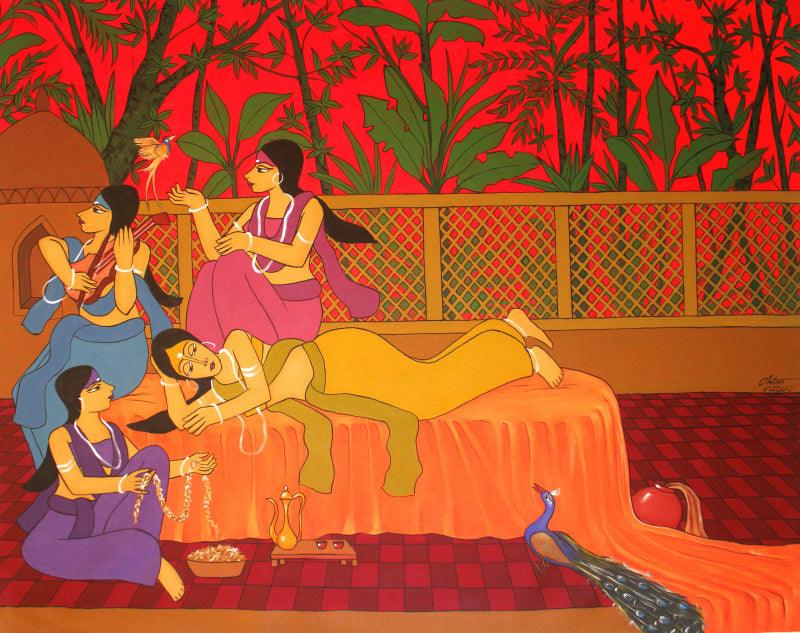 Figurative acrylic painting titled 'The Morning', 46x58 inches, by artist Chetan Katigar on Canvas