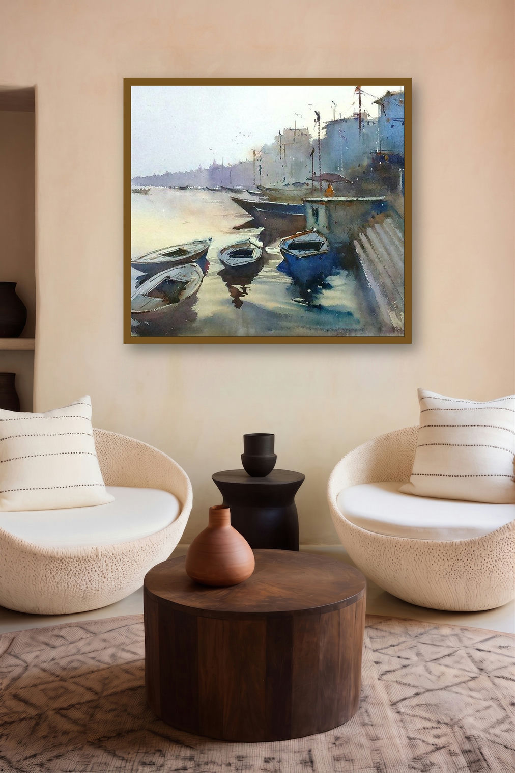 The Morning Glow At Varanasi (Morning Calm on the Ghats) by artist Gulshan Achari displayed in a Contemporary Exhibition gallery