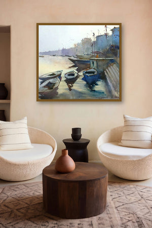 The Morning Glow At Varanasi (Morning Calm on the Ghats) by artist Gulshan Achari displayed in a Contemporary Exhibition gallery