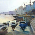 Seascape watercolor painting titled 'The Morning Glow At Varanasi', 18x13 inches, by artist Gulshan Achari on Paper