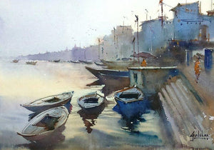 The Morning Glow At Varanasi (Morning Calm on the Ghats) by Gulshan Achari, Original Watercolor Seascape Painting on Paper, Small Horizontal Wall Art