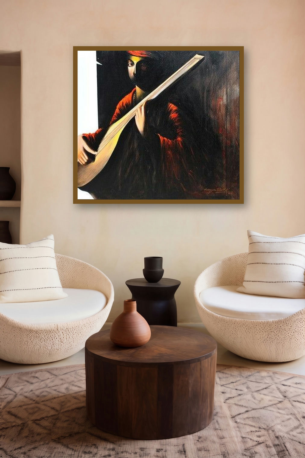 The Musician I (Melodic Musings: A Moment of Harmony) by artist Narayan Shelke displayed in a Contemporary gallery