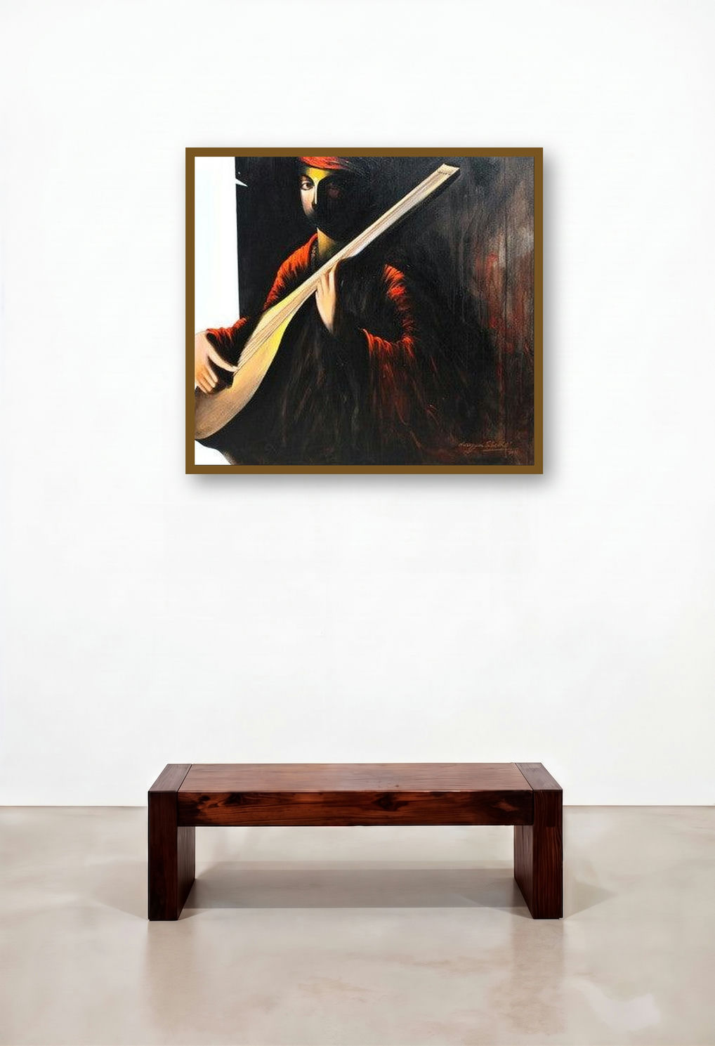 The Musician I (Melodic Musings: A Moment of Harmony) by artist Narayan Shelke displayed in a Elegant Reception Area