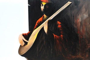 The Musician I (Melodic Musings: A Moment of Harmony) by Narayan Shelke, Original Acrylic Figurative Painting on Canvas, Large Horizontal Wall Art