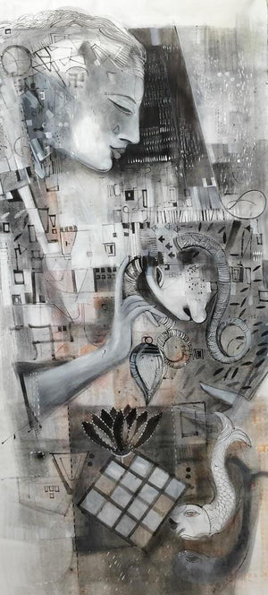The Notes Of Silence (Celestial Crossroads**) by Madan Lal, Original Mixed Media Figurative Painting on Canvas, Large Vertical Wall Art