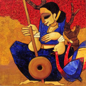 The Oracle (Harmony in Nature) by Sarang Waghmare, Original Acrylic Figurative Painting on Canvas, Small Square Wall Art
