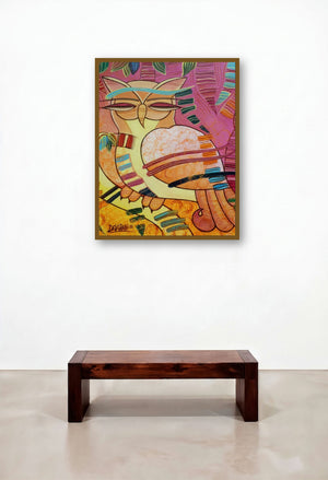 The Owl (Guardian of the Woods) by artist Devirani Dasgupta displayed in a Mid-Century Modern Hotel Lobby