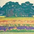 Nature tempera painting titled 'The Paddy Field', 20x30 inches, by artist Sujit Das on Cloth