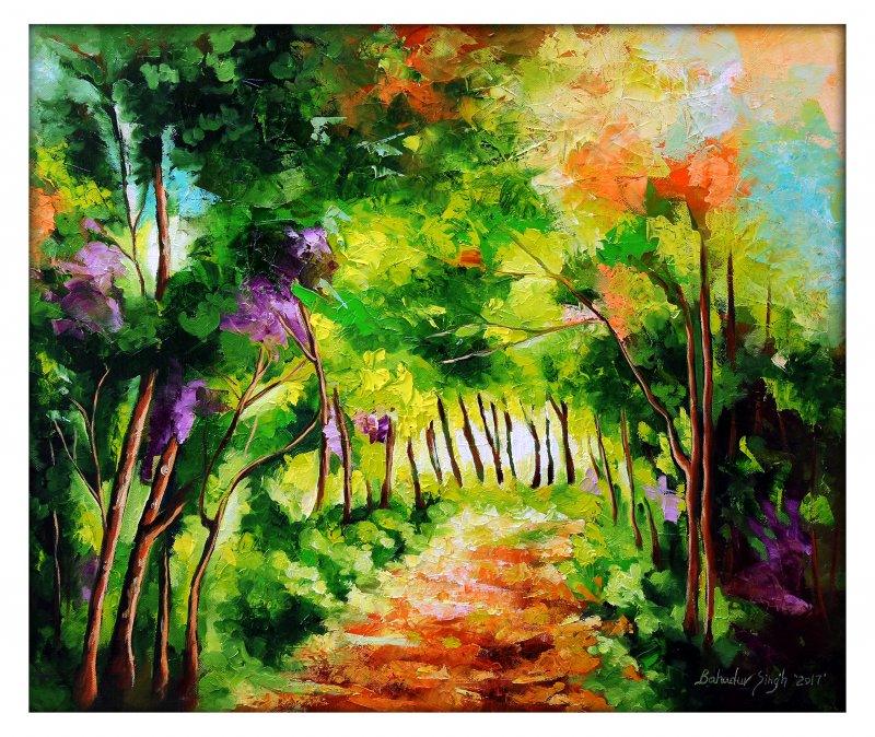 Nature oil painting titled 'The Path Through Change III', 20x24 inches, by artist Bahadur Singh on Canvas
