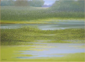 The Puddle by Fareed Ahmed, Original Oil Landscape Painting on Canvas Board, Small Horizontal Wall Art