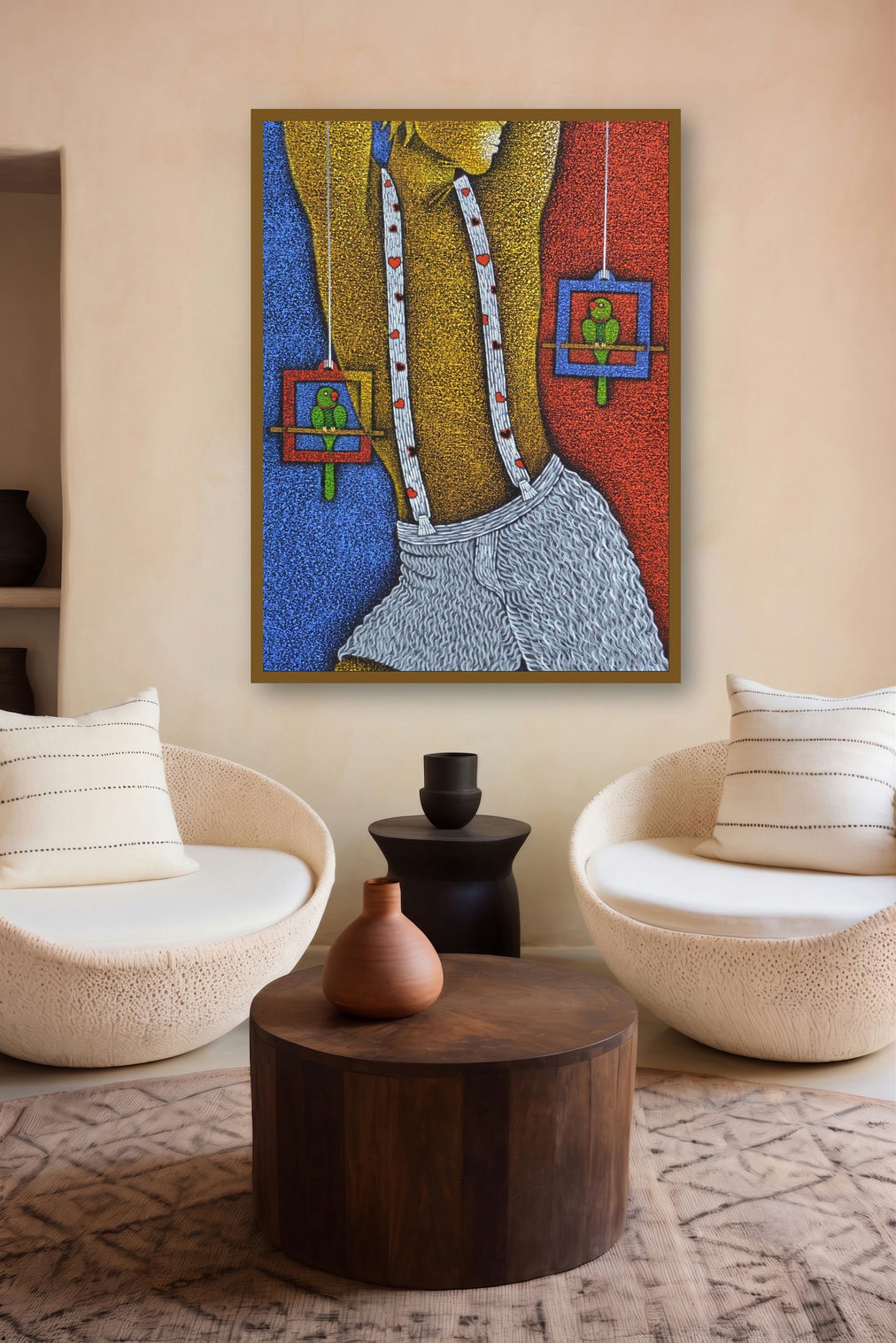 The Resting King (The Bird Whisperer) by artist Satyajeet Shinde displayed in a Luxury gallery
