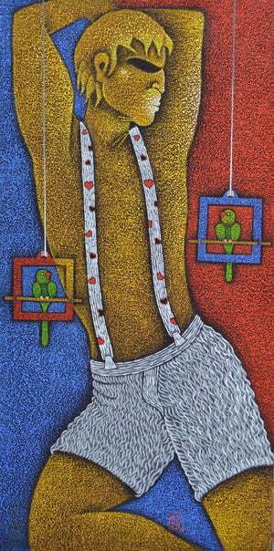 The Resting King (The Bird Whisperer) by Satyajeet Shinde, Original Acrylic Figurative Painting on Canvas, Medium Vertical Wall Art