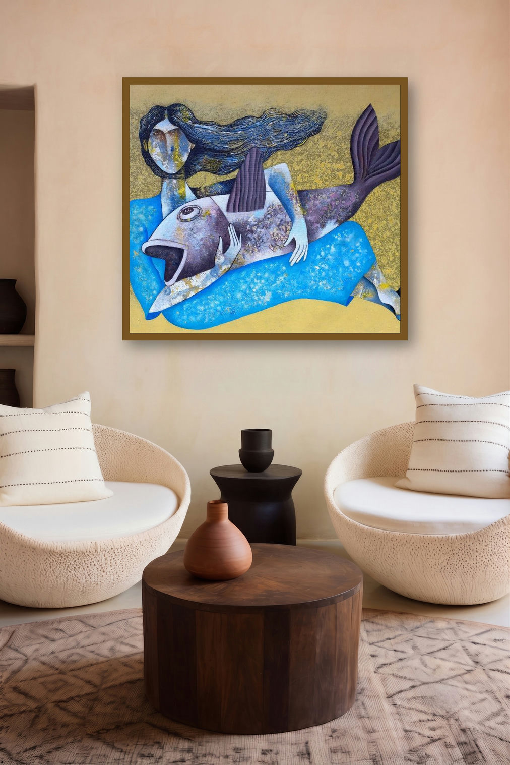The River Deity (Bound by artist the Sea) by artist Ranjith Raghupathy displayed in a Museum Style gallery