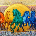 Animals oil painting titled 'The Royal Rainbow 7 Horses', 36x60 inches, by artist Pradeep Kumar on Canvas