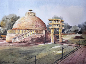 The Sanchi Stupa (A Relic of the Past) by Ranabir Saha, Original Acrylic Cityscape Painting on Canvas, Small Horizontal Wall Art