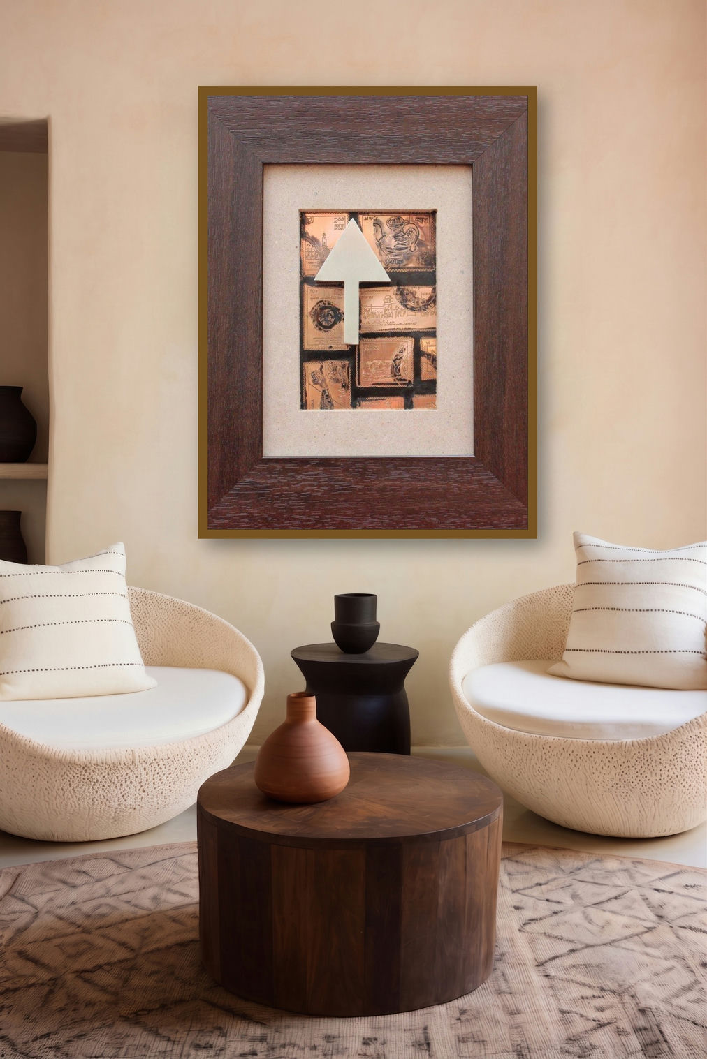 The Sindhu Series 1 (Pointing to the Past) by artist Kajal Gaitonde displayed in a Contemporary Exhibition gallery