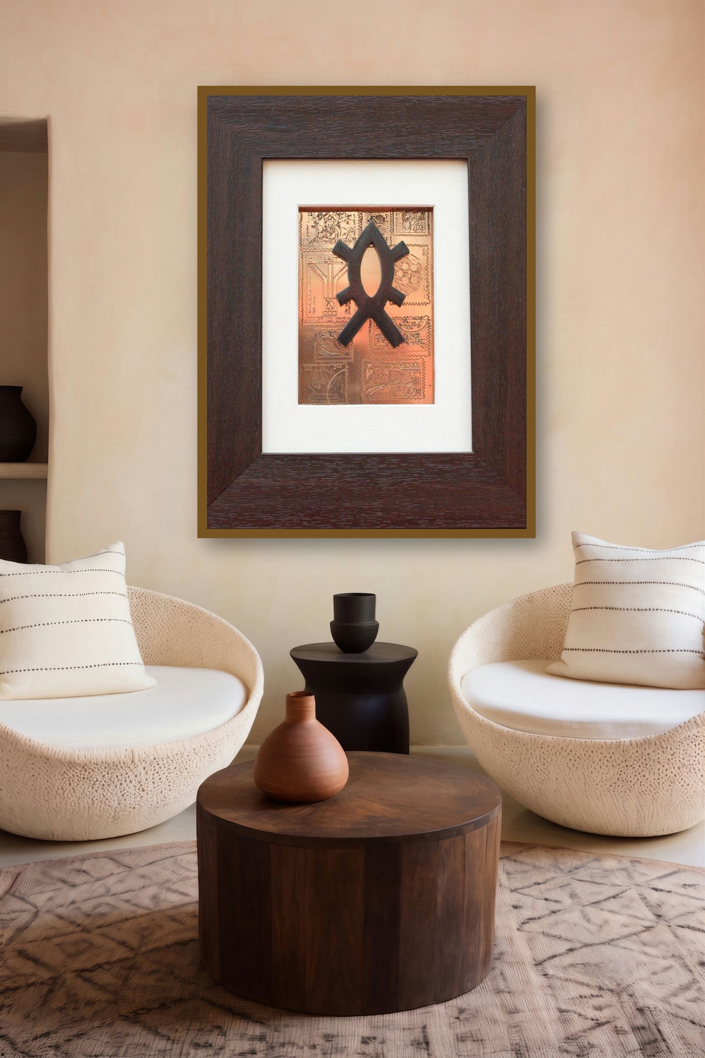 The Sindhu Series 8 (A Cipher in Copper) by artist Kajal Gaitonde displayed in a Modern gallery