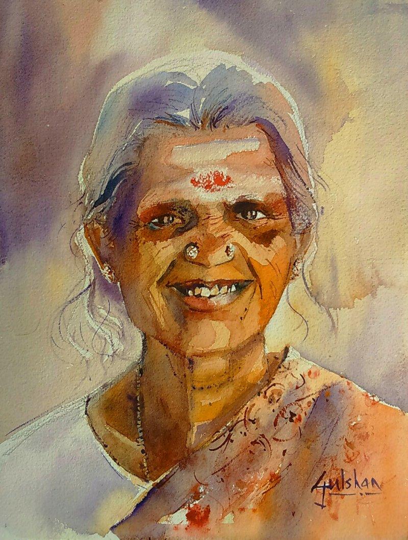 Figurative watercolor painting titled 'The Smile', 14x11 inches, by artist Gulshan Achari on Paper
