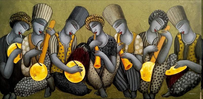 Figurative acrylic painting titled 'The Sound 3', 36x72 inches, by artist Samir Sarkar on Canvas