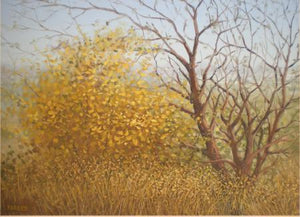 The Stems by Fareed Ahmed, Original Oil Landscape Painting on Canvas Board, Small Horizontal Wall Art