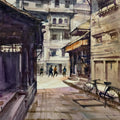 Cityscape watercolor painting titled 'The Street 2', 16x12 inches, by artist Prasad Thite on Handmade Paper