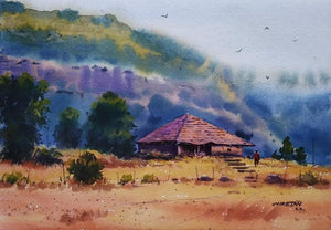 Landscape watercolor painting titled 'The Traditional House ', 12x8 inches, by artist Niketan Bhalerao on Paper