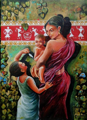 The Tribal Of Mother And Child by Arjun Das, Original Acrylic Figurative Painting on Canvas, Medium Vertical Wall Art