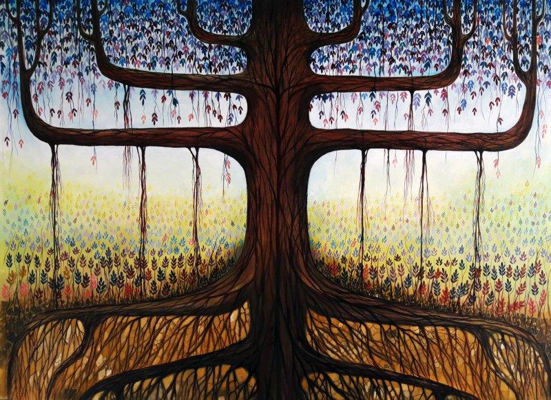 Surrealist acrylic painting titled 'The Veins', 32x42 inches, by artist Seby Augustine on Canvas