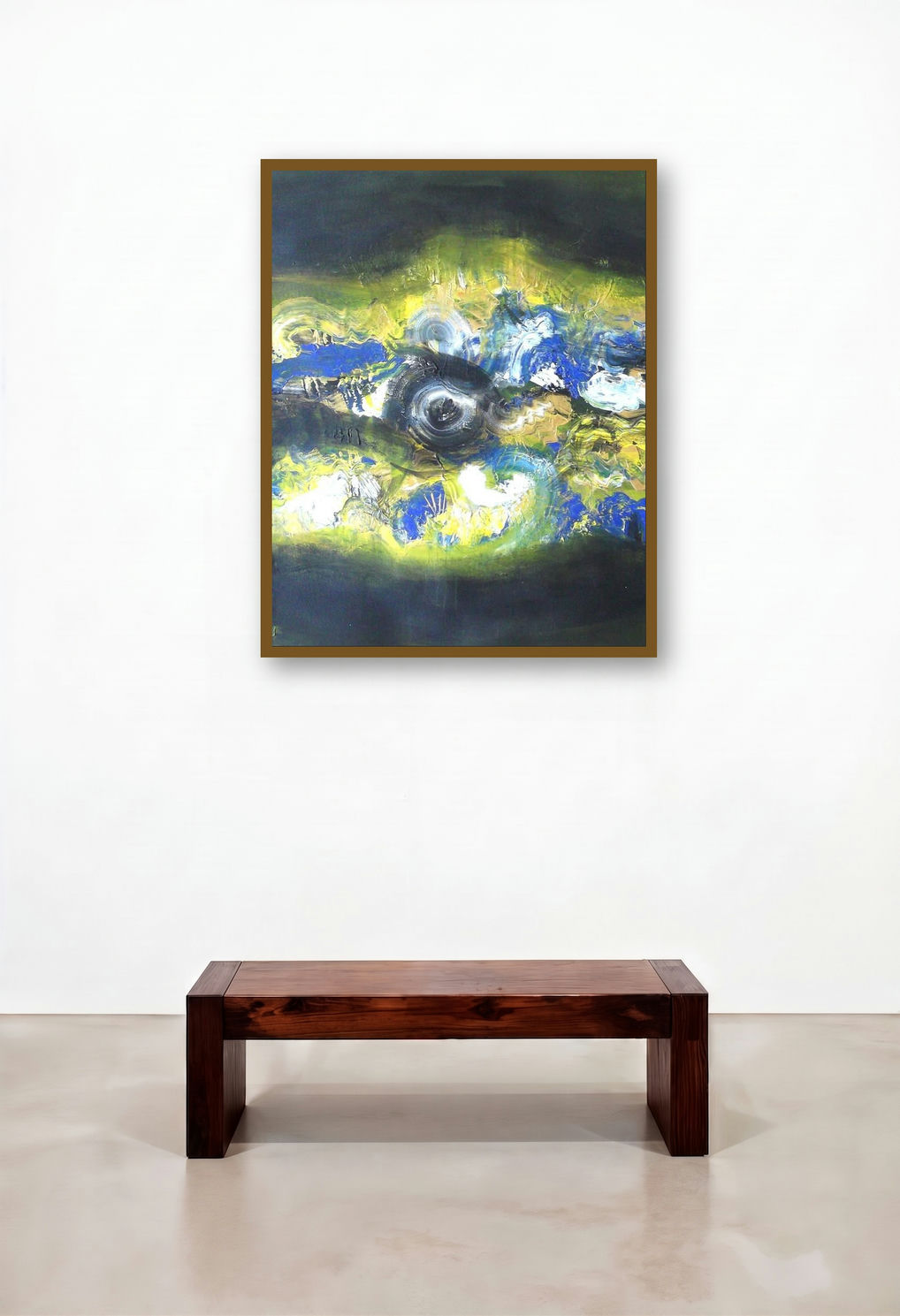 The Yellow Eye (Solar Eclipse) by artist Deepak Guddadakeri displayed in a Mid-Century Modern Bedroom