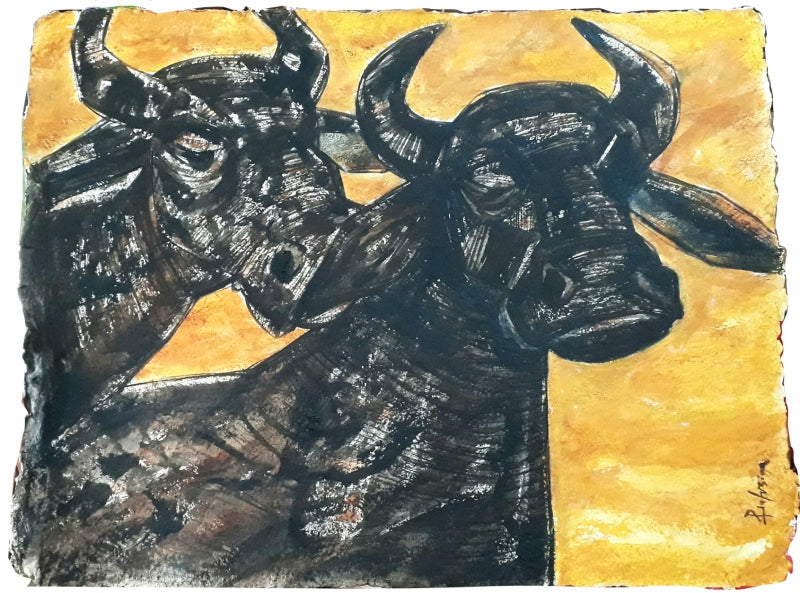 They Are Friends Of My City 1' animals acrylic painting by artist Pintu Biswas, 27x34 inch, on handmade paper