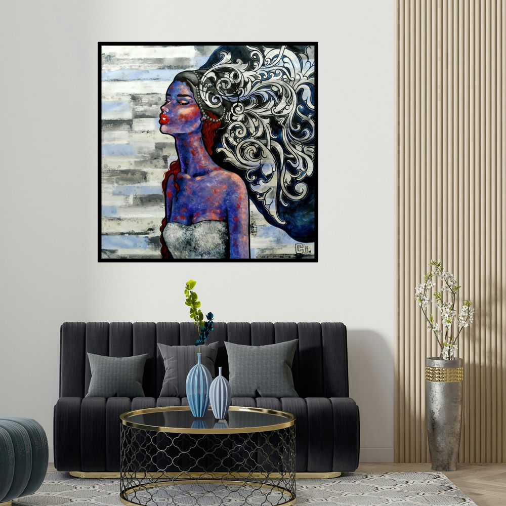 Suruchi Jamkar's 'The Thinker' painting visualized above a sofa in a contemporary room.